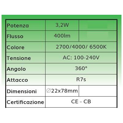LAMPADINA LED CCT R7S LUNGHEZZA 7,8CM LED 3,2W LUCE 2700K,4000K,6500K A SCELTA DARK LIGHT - Cristalensi Shop Online