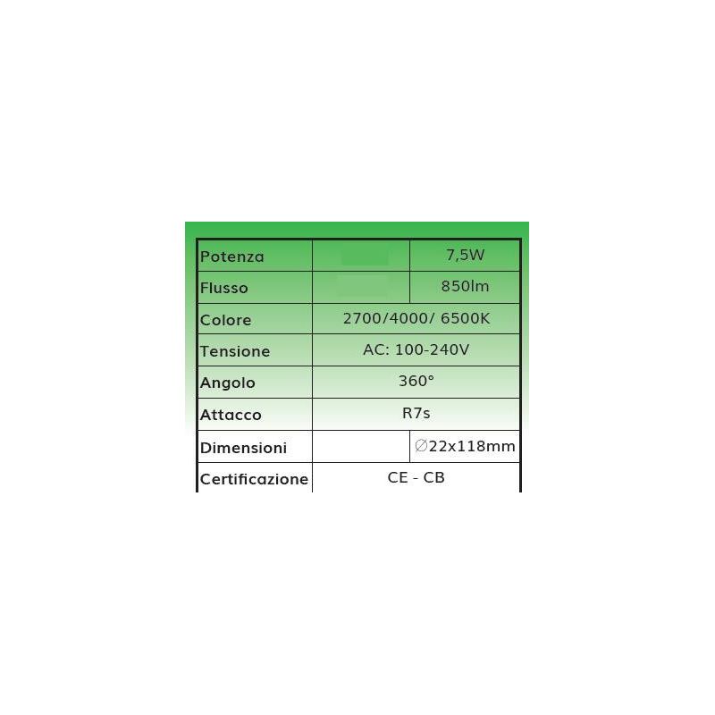 LAMPADINA LED CCT R7S LUNGHEZZA 11,8CM LED 7,5W LUCE 2700K,4000K,6500K A SCELTA DARK LIGHT - Cristalensi Shop Online