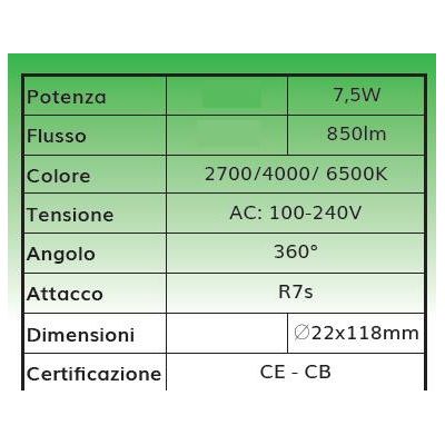 LAMPADINA LED CCT R7S LUNGHEZZA 11,8CM LED 7,5W LUCE 2700K,4000K,6500K A SCELTA DARK LIGHT - Cristalensi Shop Online