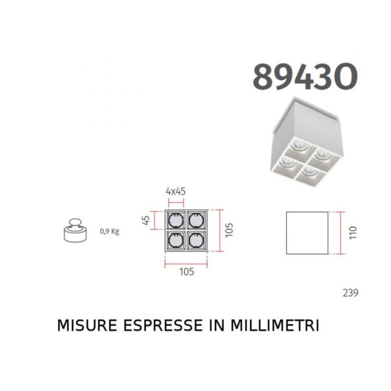 8943O PLAFONIERA CUBO MODERNA IN CRISTALY VERNICIABILE CON 4 FARETTI GU10 MADE IN ITALY 9010 BELFIORE - Cristalensi Shop Online