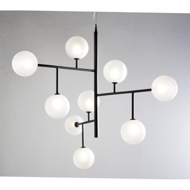 BOLLE 9 SOSPENSIONE 9 LUCI MODERNA IN METALLO NERO O ORO CON SFERE IN VETRO Illuminando - Cristalensi Shop Online