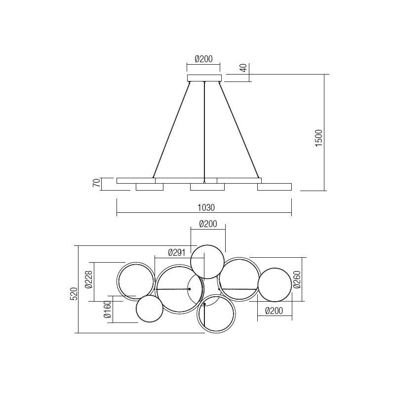 CRONOS SOSPENSIONE MODERNA 7 CERCHI BRONZO, NERA O BIANCA LED 65W LUCE 3000K DIMMERABILE Redo Group - Cristalensi Shop Online