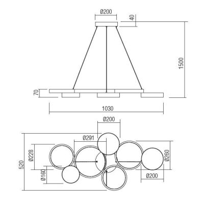 CRONOS SOSPENSIONE MODERNA 7 CERCHI BRONZO, NERA O BIANCA LED 65W LUCE 3000K DIMMERABILE Redo Group - Cristalensi Shop Online