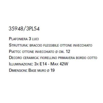 PLAFONIERA RUSTICA 3 LUCI IN CERAMICA DECORATA CON BRACCI FLESSIBILI MADE IN ITALY IMAS - Cristalensi Shop Online
