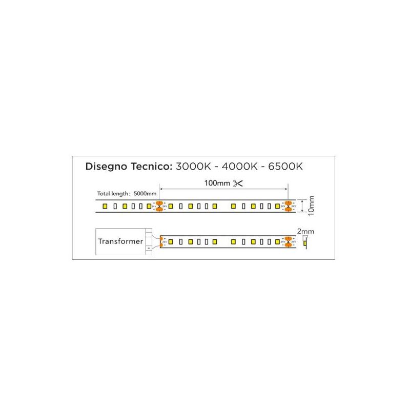 STRIP LED 12W/M IP20 24VDC ROLLA DA 5 METRI LUCE 3000K,4000K O 6500K CRISTALENSI LAMPADINE - Cristalensi Shop Online