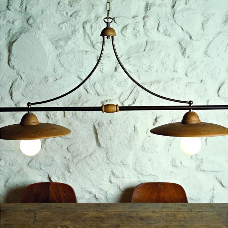 SETTIMELLO BILANCIERE 2 LUCI RUSTICO MADE IN ITALY METALLO BRUNITO E PIATTI IN TERRACOTTA TOSCOT - Cristalensi Shop Online