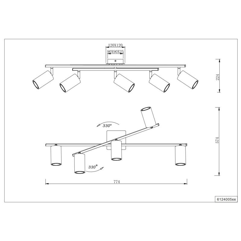 MARLEY PLAFONIERA 5 SPOT CON ASTE GIREVOLI IN METALLO ORO CON 5 SPOT CILINDRO NERO ATTACCO 5XGU10 TRIO LIGHTING - Cristalensi Sh