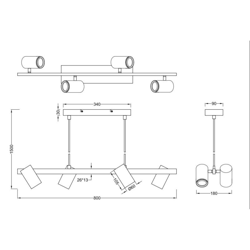 MARLEY SOSPENSIONE IN METALLO 4 FINITURE CON 4 SPOT CILINDRO ORIENTABILI ATTACCO 4XGU10 TRIO LIGHTING - Cristalensi Shop Online