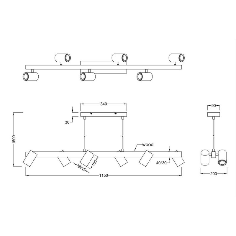 MARLEY SOSPENSIONE IN LEGNO E METALLO CON 6 SPOT ORIENTABILI 3 COLORI ATTACCO 6XGU10 TRIO LIGHTING - Cristalensi Shop Online