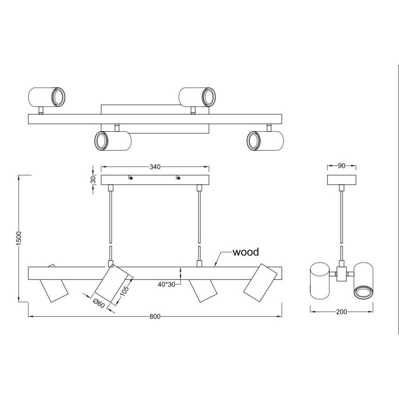 MARLEY SOSPENSIONE IN LEGNO E METALLO CON 4 SPOT ORIENTABILI 3 COLORI ATTACCO 4XGU10 TRIO LIGHTING - Cristalensi Shop Online