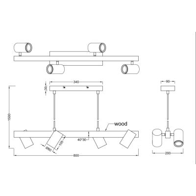 MARLEY SOSPENSIONE IN LEGNO E METALLO CON 4 SPOT ORIENTABILI 3 COLORI ATTACCO 4XGU10 TRIO LIGHTING - Cristalensi Shop Online