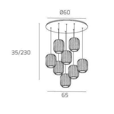 TENDER SOSPENSIONE 8 LUCI ROTONDA BASE IN FINITURA OTTONE CON DIFFUSORI IN VETRO COLORATO Top Light Illuminazione - Cristalensi