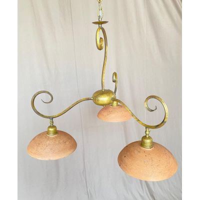 ETRUSCA LAMPADARIO 3 LUCI IN OTTONE INVECCHIATO E PIATTI IN TERRACOTTA MADE IN ITALY CRISTALENSI OTTONE - Cristalensi Shop Onlin