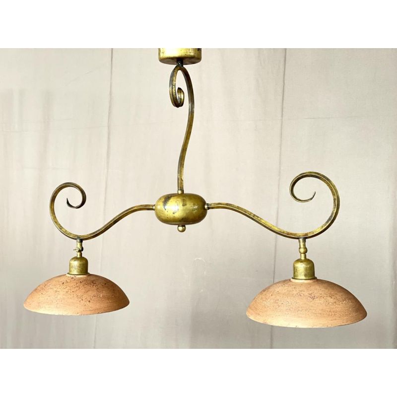 ETRUSCA LAMPADARIO 2 LUCI IN OTTONE INVECCHIATO E PIATTI IN TERRACOTTA MADE IN ITALY CRISTALENSI OTTONE - Cristalensi Shop Onlin