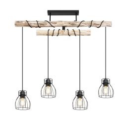 MINA SOSPENSIONE VINTAGE 4 LUCI CON TRAVE IN LEGNO E DIFFUSORI A GABBIA NERI LARGHEZZA CM 90 Globo Lighting - Cristalensi Shop O