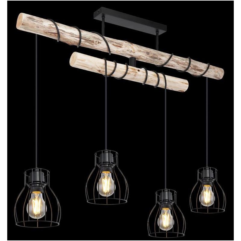 MINA SOSPENSIONE VINTAGE 4 LUCI CON TRAVE IN LEGNO E DIFFUSORI A GABBIA NERI LARGHEZZA CM 90 Globo Lighting - Cristalensi Shop O