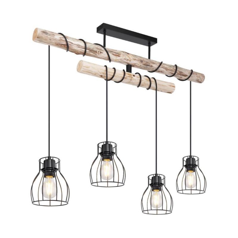 MINA SOSPENSIONE VINTAGE 4 LUCI CON TRAVE IN LEGNO E DIFFUSORI A GABBIA NERI LARGHEZZA CM 90 Globo Lighting - Cristalensi Shop O