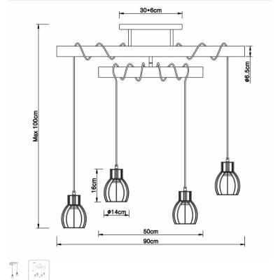 MINA SOSPENSIONE VINTAGE 4 LUCI CON TRAVE IN LEGNO E DIFFUSORI A GABBIA NERI LARGHEZZA CM 90 Globo Lighting - Cristalensi Shop O