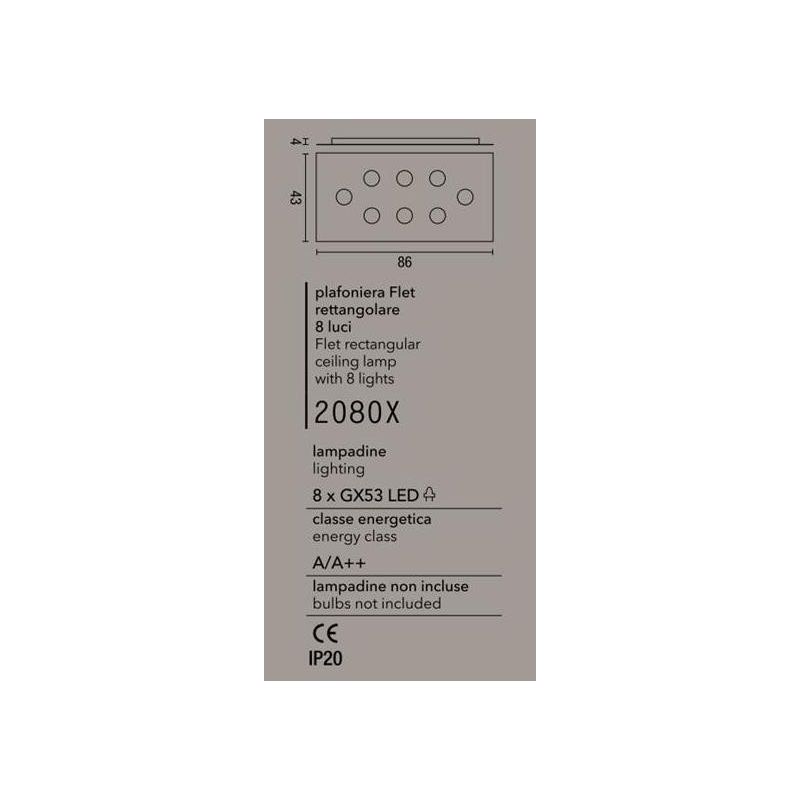 2080X FLET PLAFONIERA RETTANGOLARE GRANDE 8 LUCI SOSTITUIBILI ALLUMINIO BIANCO AFFRALUX - Cristalensi Shop Online