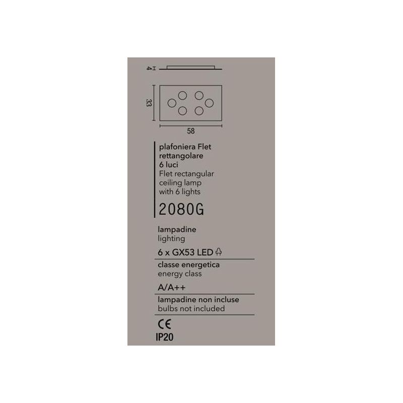 2080G FLET PLAFONIERA RETTANGOLARE MEDIA 6 LUCI SOSTITUIBILI ALLUMINIO BIANCO AFFRALUX - Cristalensi Shop Online