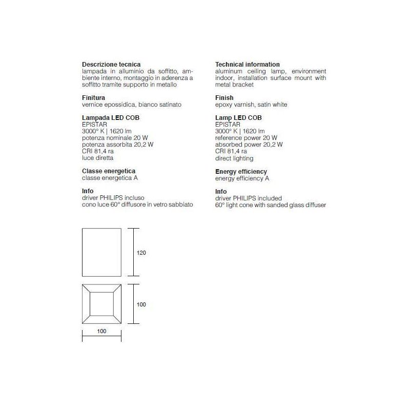 PLAFONIERA CUBO LED INTEGRATO 20W 3000K ALLUMINIO BIANCO VETRO SABBIATO DI ISYLUCE ISYLUCE - Cristalensi Shop Online