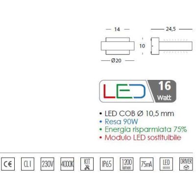 PLAZA APPLIQUE IN ALLUMINIO A LED 16W 3000K O 4000K SOSTITUIBILE IP65 LUCE SOPRA SOTTO Sovil - Cristalensi Shop Online