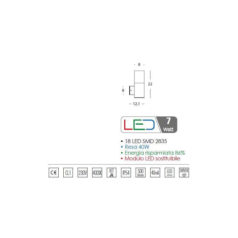 KUBE LED 7W INTEGRATO APPLIQUE IN ALLUMINIO H80 CM IP54 IN DUE COLORI BIANCO E ALLUMINIO Sovil - Cristalensi Shop Online