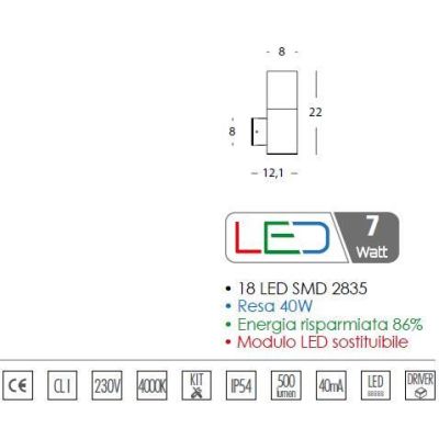 KUBE LED 7W INTEGRATO APPLIQUE IN ALLUMINIO H80 CM IP54 IN DUE COLORI BIANCO E ALLUMINIO Sovil - Cristalensi Shop Online