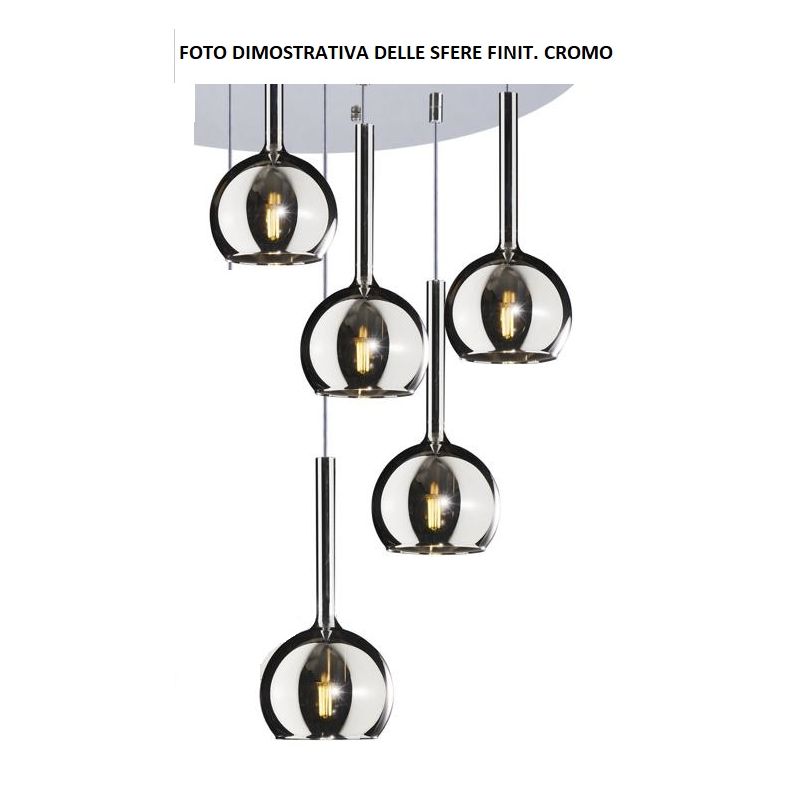 FUTURE SOSPENSIONE IN METALLO FINITURA CROMO CON 5 DIFFUSORI A SFERA REALIZZATI IN VETRO COLORATO Top Light Illuminazione - Cris