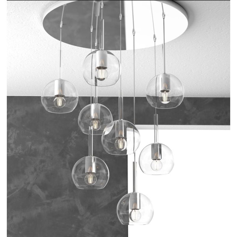 FUTURE SOSPENSIONE MODERNA D60 FINITURA CROMO CON 8 DIFFUSORI A SFERA IN VETRO COLORATO Top Light Illuminazione - Cristalensi Sh