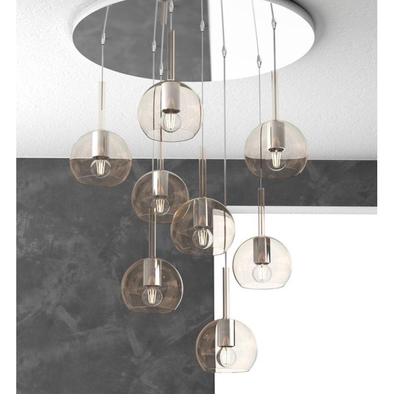 FUTURE SOSPENSIONE MODERNA D60 FINITURA CROMO CON 8 DIFFUSORI A SFERA IN VETRO COLORATO Top Light Illuminazione - Cristalensi Sh