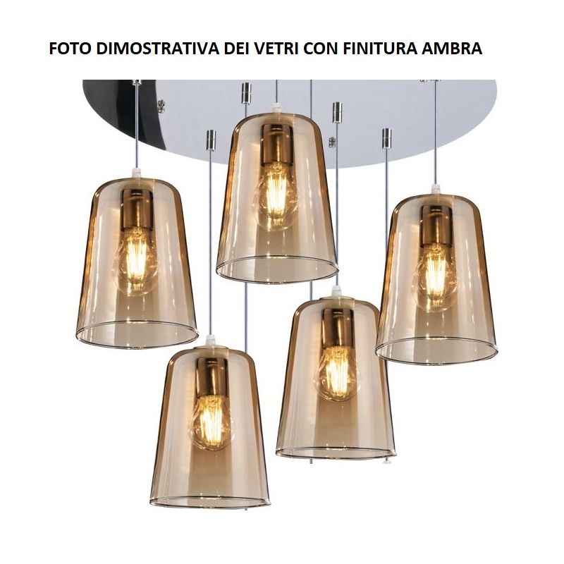 SHADED SOSPENSIONE 5 LUCI IN METALLO CROMATO CON CONI IN VETRO AMBRA CROMO OPPURE RAME Top Light Illuminazione - Cristalensi Sho