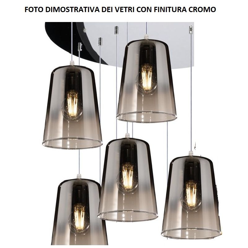 SHADED SOSPENSIONE 5 LUCI IN METALLO CROMATO CON CONI IN VETRO AMBRA CROMO OPPURE RAME Top Light Illuminazione - Cristalensi Sho