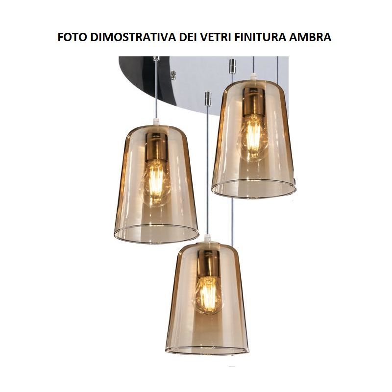 SHADED SOSPENSIONE CON DECENTRO IN METALLO BIANCO CON 3 CONI IN VETRO AMBRA CROMO OPPURE RAME Top Light Illuminazione - Cristale