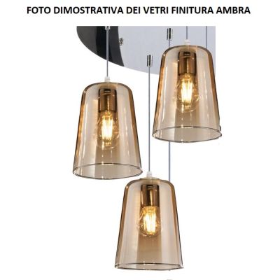 SHADED SOSPENSIONE CON DECENTRO IN METALLO BIANCO CON 3 CONI IN VETRO AMBRA CROMO OPPURE RAME Top Light Illuminazione - Cristale
