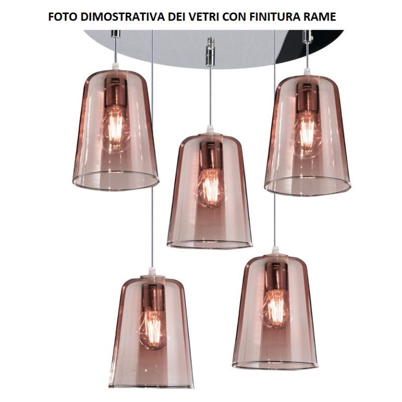 SHADED SOSPENSIONE 8 LUCI IN FINITURA OTTONE CON CONI IN VETRO AMBRA CROMO OPPURE RAME Top Light Illuminazione - Cristalensi Sho