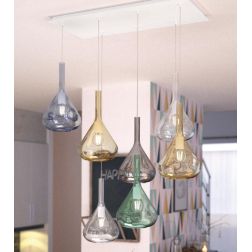 KONA SOSPENSIONE RETTANGOLARE CON BASE BIANCA E CON 7 DIFFUSORI A CONO IN VETRO COLORATO Top Light Illuminazione - Cristalensi S