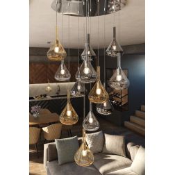 KONA SOSPENSIONE ROTONDA D80 IN METALLO CROMO CON 12 DIFFUSORI A CONO IN VETRO COLORATO Top Light Illuminazione - Cristalensi Sh