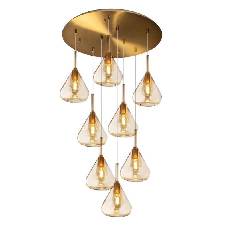 KONA SOSPENSIONE ROTONDA D60 IN FINITURA OTTONE CON 8 DIFFUSORI A CONO IN VETRO COLORATO Top Light Illuminazione - Cristalensi S