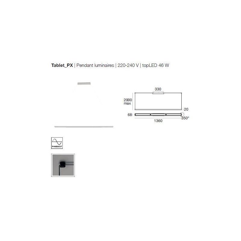 TABLET PX LINEA LIGHT SOSPENSIONE DI 136 CM 46W LED BIANCA O NERA MODERNA LUCE DIREZIONABILE STILNOVO MA&DE - Cristalensi Shop O