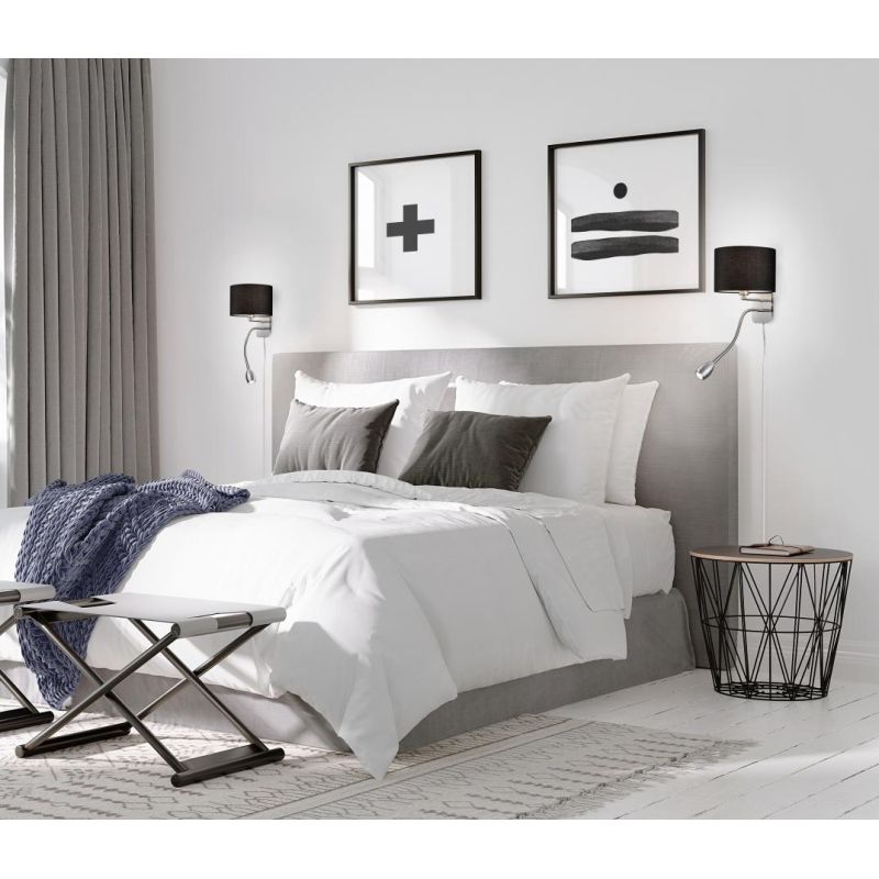 HOTEL APPLIQUE NICHEL CON PARALUME IN TESSUTO GRIGIO,BIANCO O NERO BRACCIO ORIENTABILE LED 3W DA LETTURA TRIO LIGHTING - Cristal