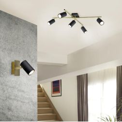 MARLEY PLAFONIERA 5 SPOT CON ASTE GIREVOLI IN METALLO ORO CON 5 SPOT CILINDRO NERO ATTACCO 5XGU10 TRIO LIGHTING - Cristalensi Sh 2