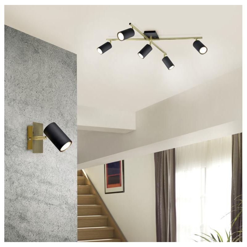 MARLEY PLAFONIERA 5 SPOT CON ASTE GIREVOLI IN METALLO ORO CON 5 SPOT CILINDRO NERO ATTACCO 5XGU10 TRIO LIGHTING - Cristalensi Sh