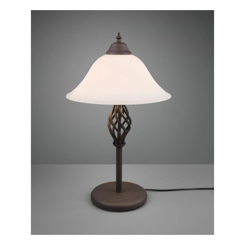 RUSTICA LAMPADA DA TAVOLO IN METALLO COLOR RUGGINE E DIFFUSORE IN VETRO BIANCO SABBIATO H50 CM TRIO LIGHTING - Cristalensi Shop 