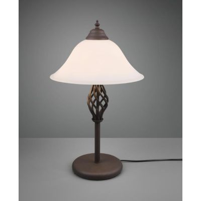 RUSTICA LAMPADA DA TAVOLO IN METALLO COLOR RUGGINE E DIFFUSORE IN VETRO BIANCO SABBIATO H50 CM TRIO LIGHTING - Cristalensi Shop 