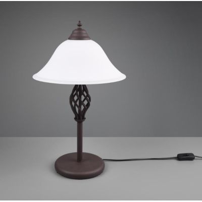RUSTICA LAMPADA DA TAVOLO IN METALLO COLOR RUGGINE E DIFFUSORE IN VETRO BIANCO SABBIATO H50 CM TRIO LIGHTING - Cristalensi Shop 