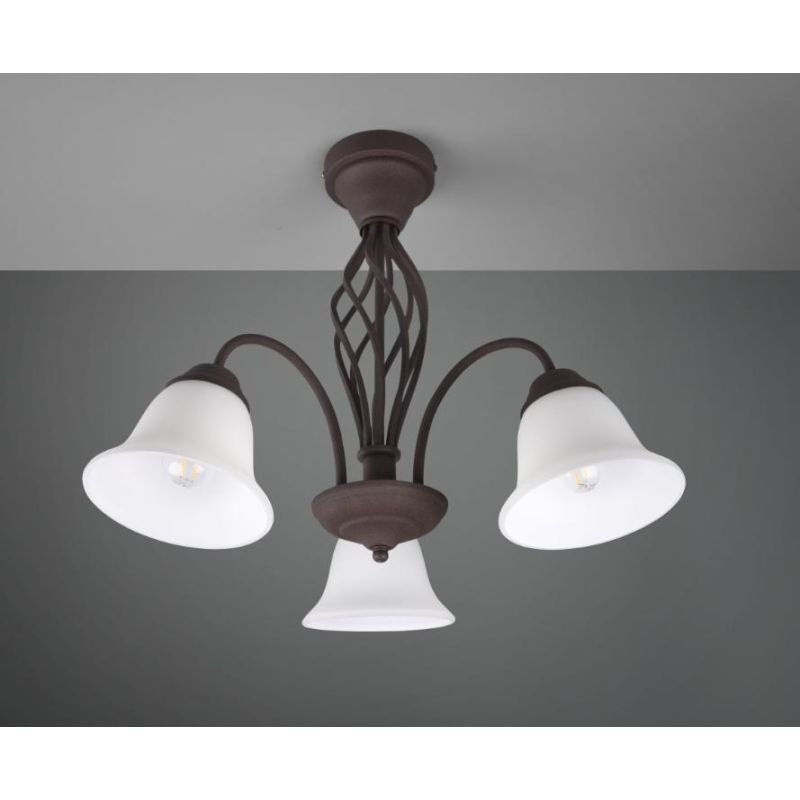 RUSTICA PLAFONIERA A 3 LUCI IN METALLO COLOR RUGGINE CON DIFFUSORI IN VETRO BIANCO D55 CM TRIO LIGHTING - Cristalensi Shop Onlin