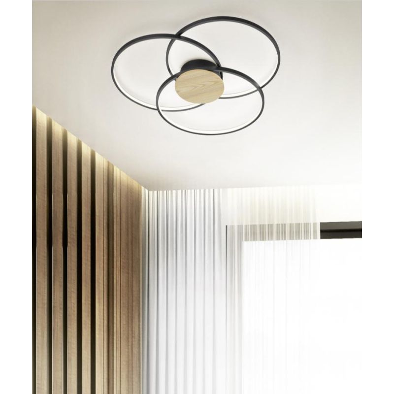 SEDONA PLAFONIERA DESIGN MODERNO TRE CERCHI LED 40W DIMMERABILE NERA CON INSERTO EFFETTO LEGNO TRIO LIGHTING - Cristalensi Shop 
