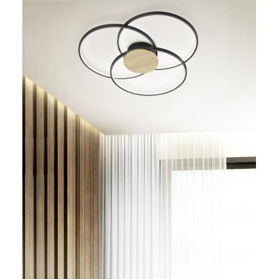 SEDONA PLAFONIERA DESIGN MODERNO TRE CERCHI LED 40W DIMMERABILE NERA CON INSERTO EFFETTO LEGNO TRIO LIGHTING - Cristalensi Shop 