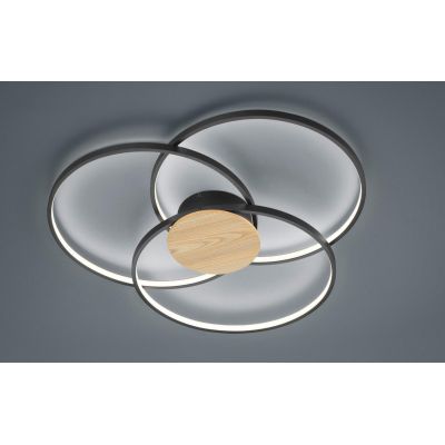 SEDONA PLAFONIERA DESIGN MODERNO TRE CERCHI LED 40W DIMMERABILE NERA CON INSERTO EFFETTO LEGNO TRIO LIGHTING - Cristalensi Shop 